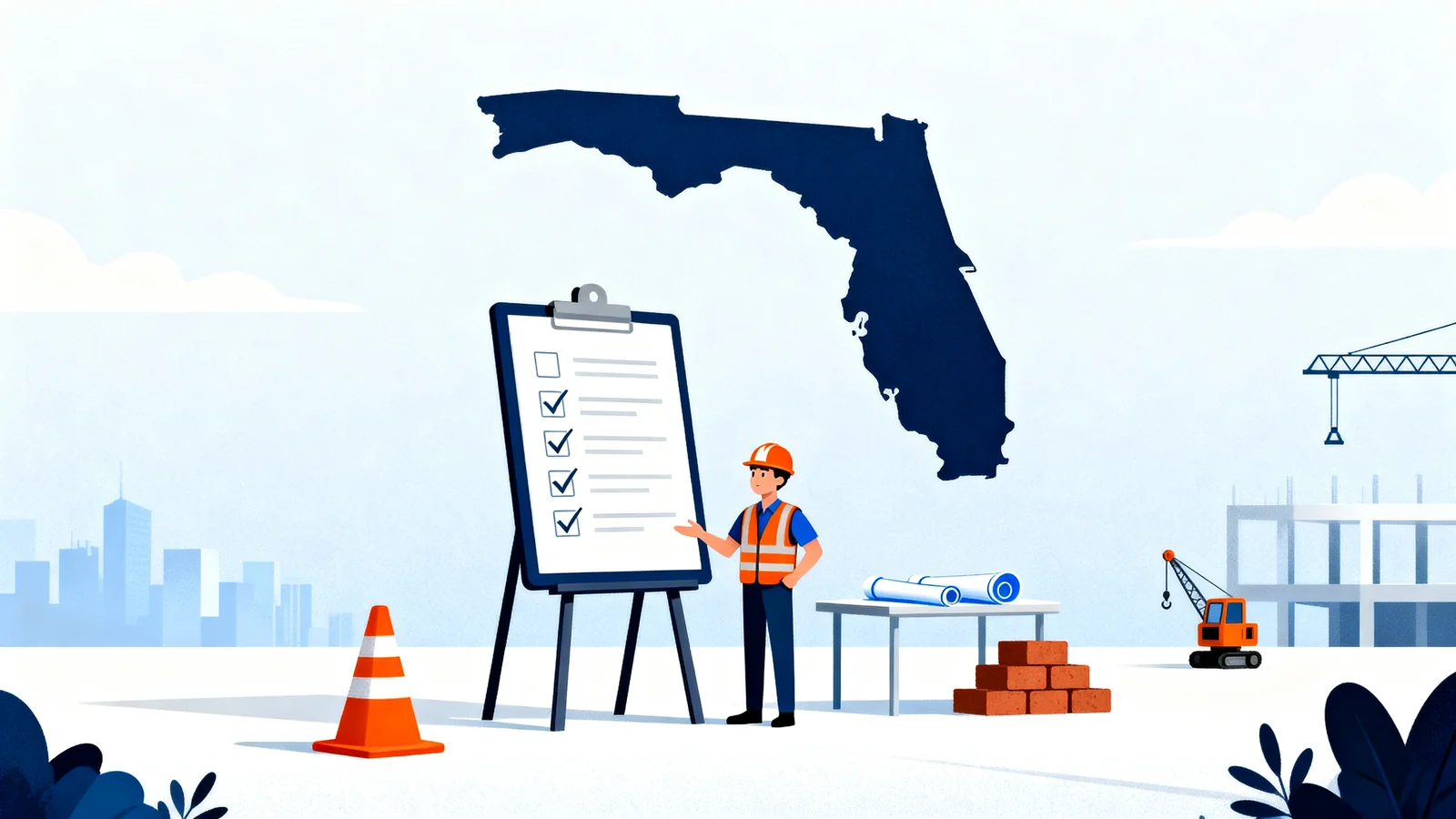 Construction contractor next to a checklist with the state of Florida in the background